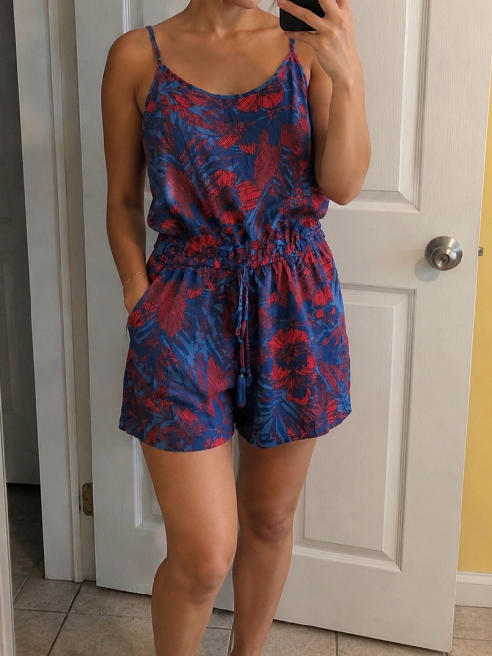 Blue & Red Floral Sleeveless Romper with Drawstring Waist